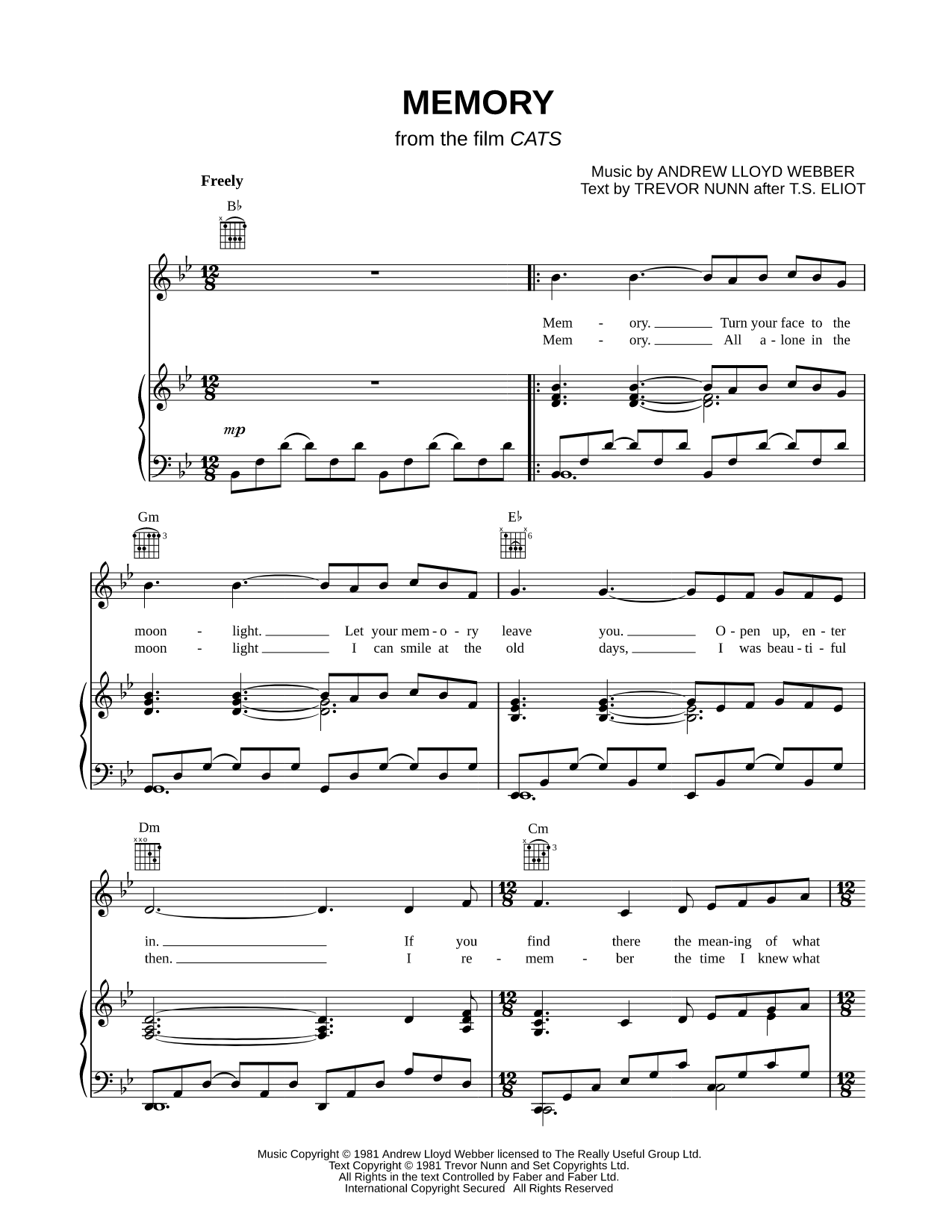 Memory Sheet Music — Piano/Vocal/Guitar