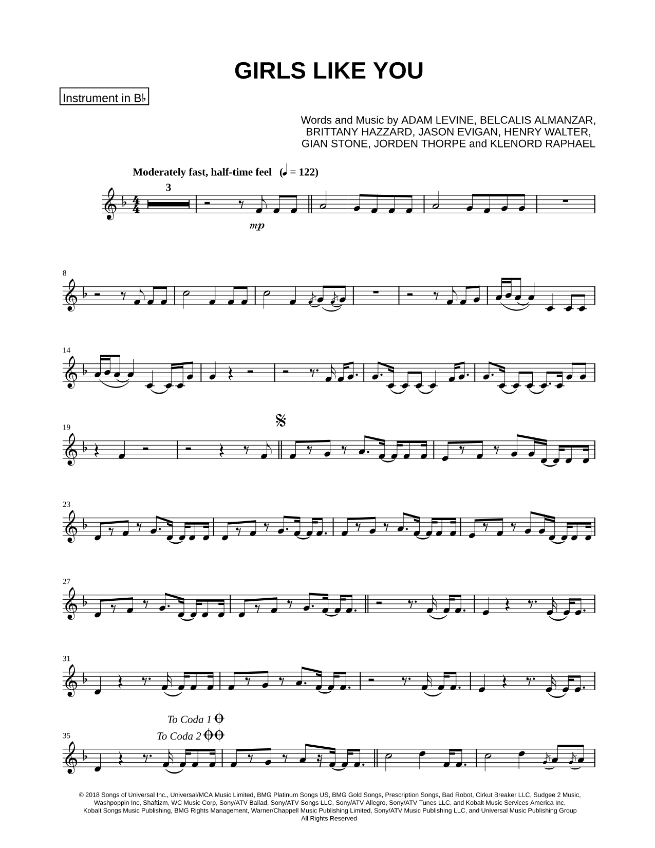Girls Like You - Bb Instrument