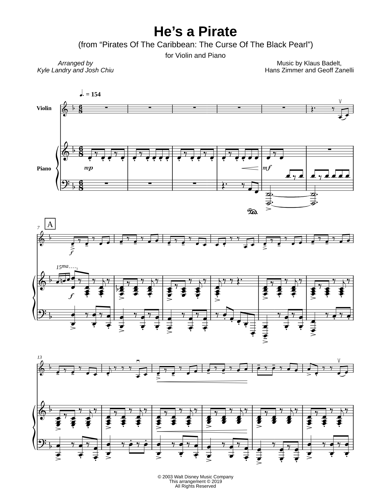 He's a Pirate - Violin & Piano