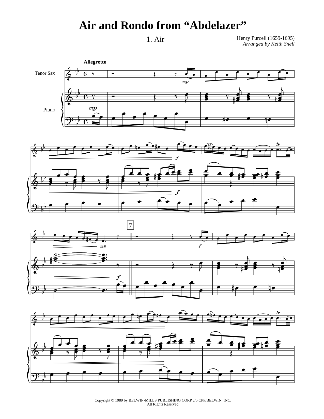Air and Rondo from "Abdelazer" - Tenor Saxophone & Piano