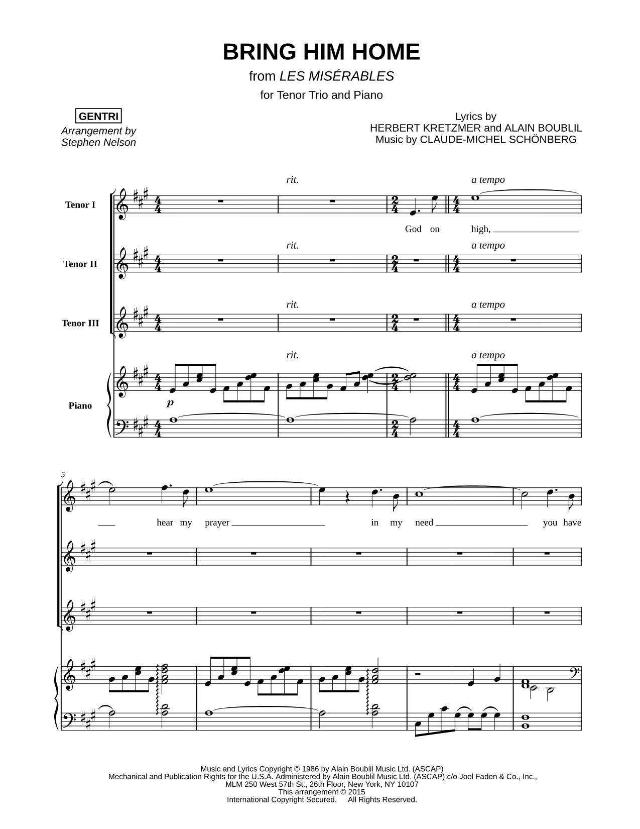 Bring Him Home - Tenor Trio & Piano