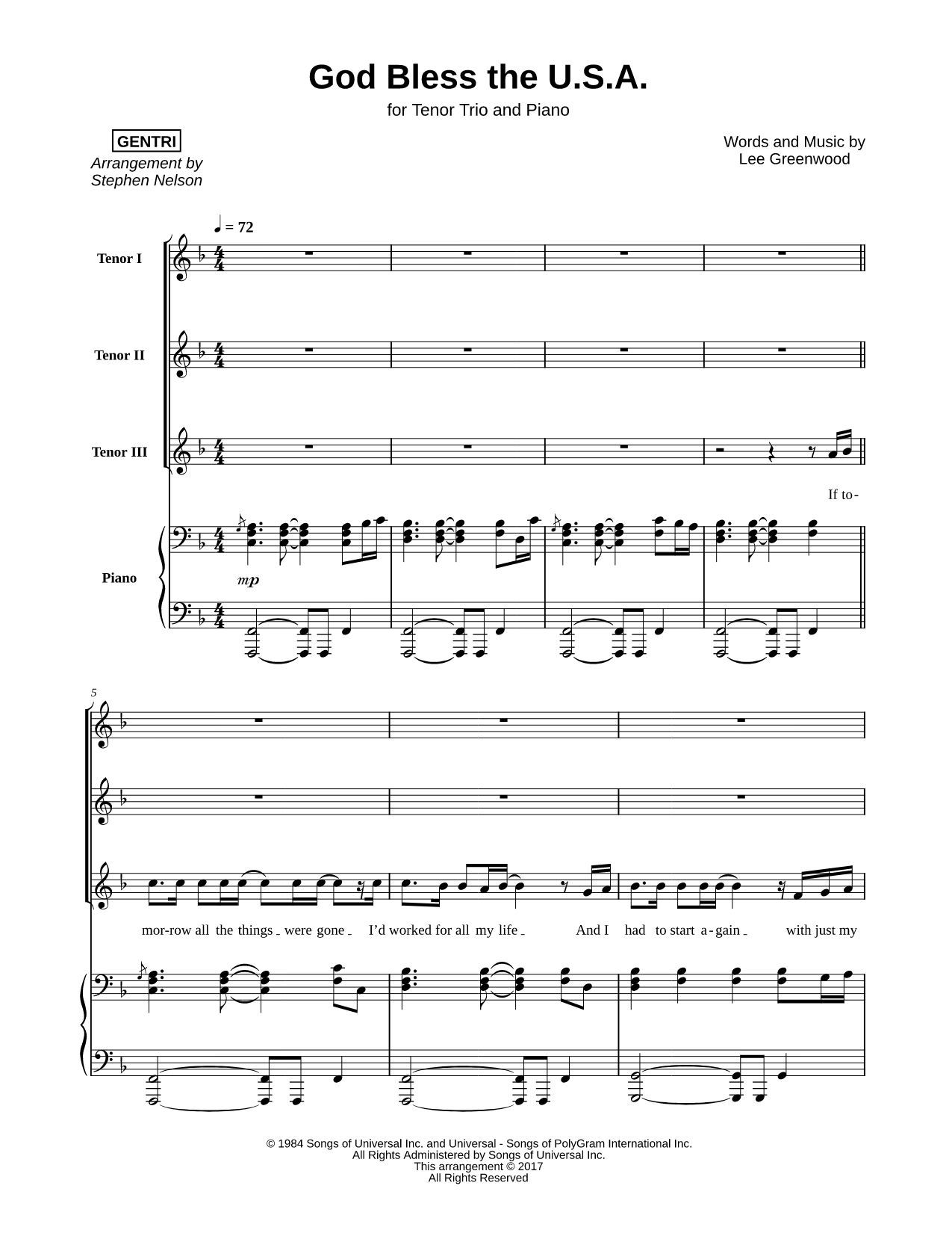 God Bless the U.S.A. - Tenor Trio & Piano