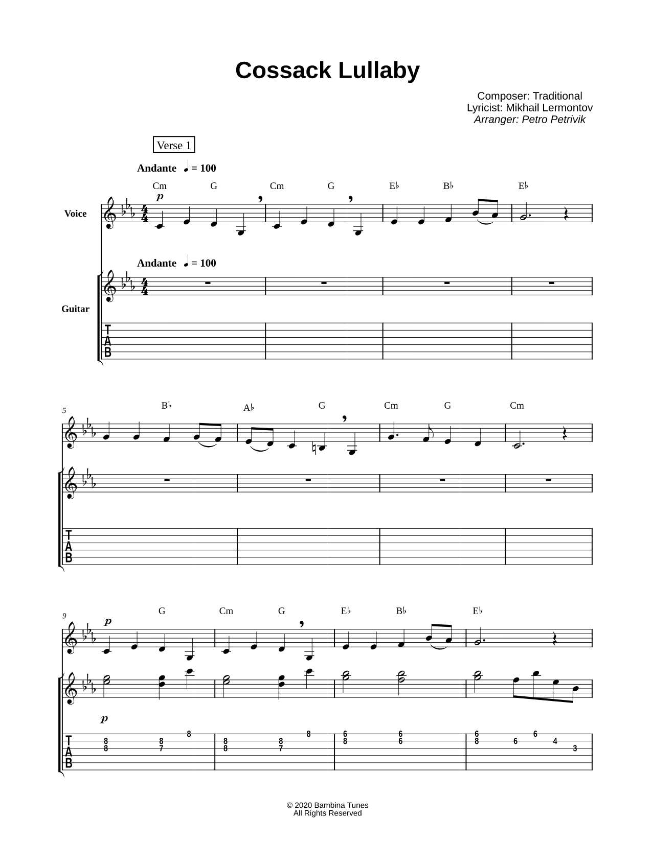 Cossack Lullaby - C Instrument & Guitar
