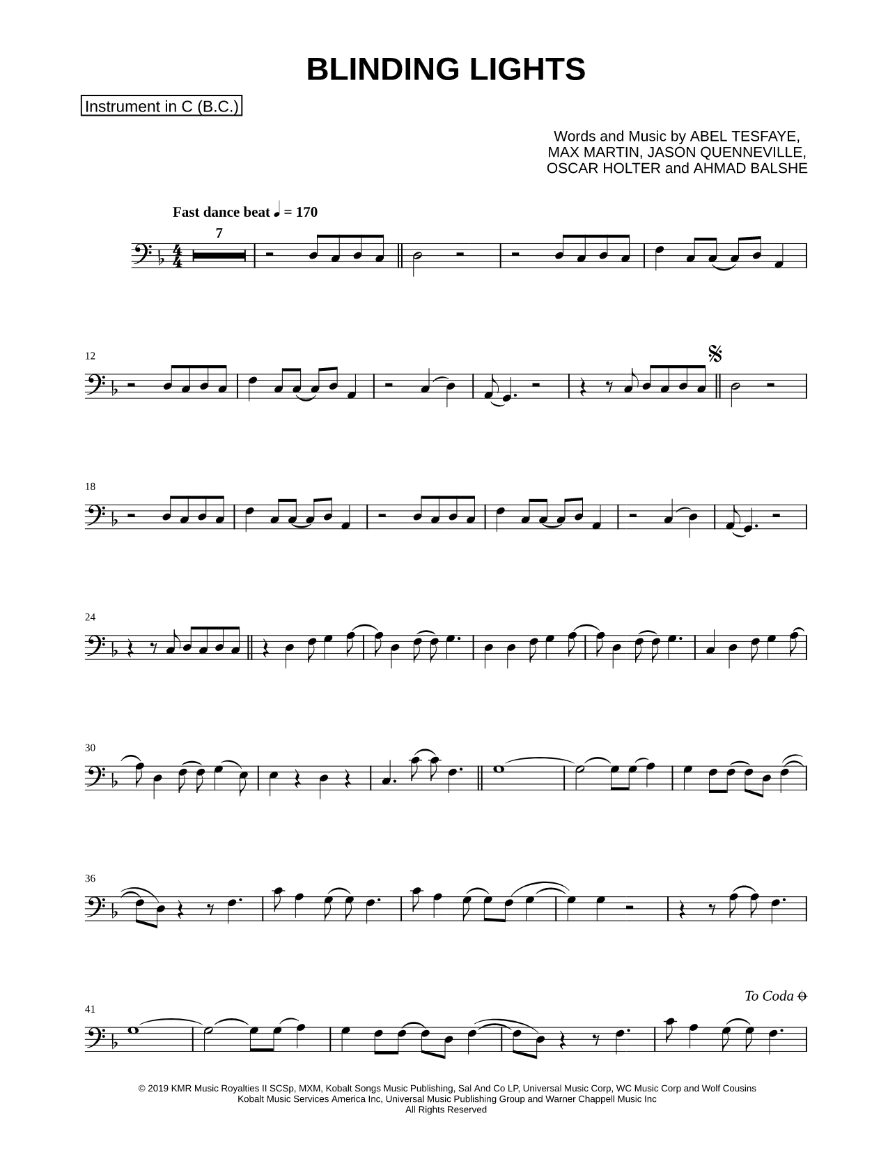 Blinding Lights - Bass Clef Instrument