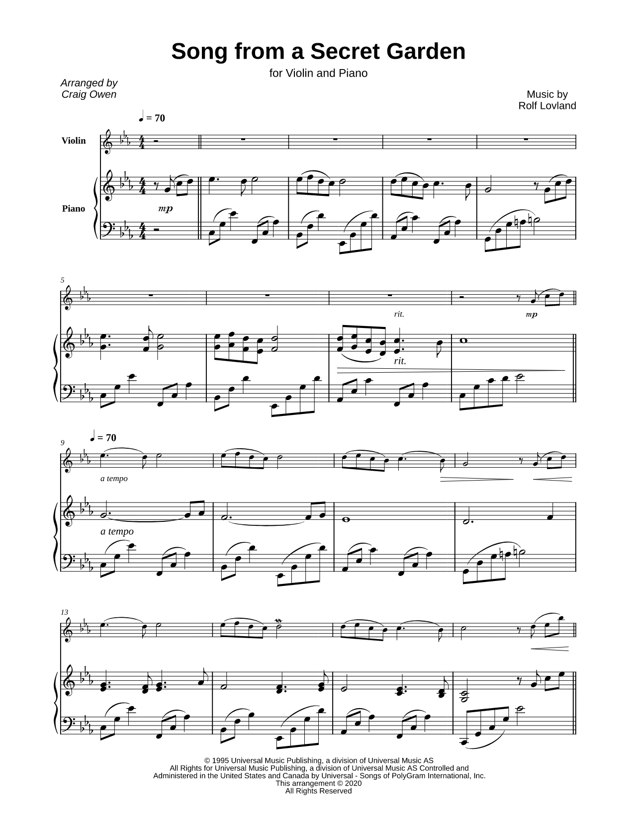 Song from a Secret Garden - Violin & Piano