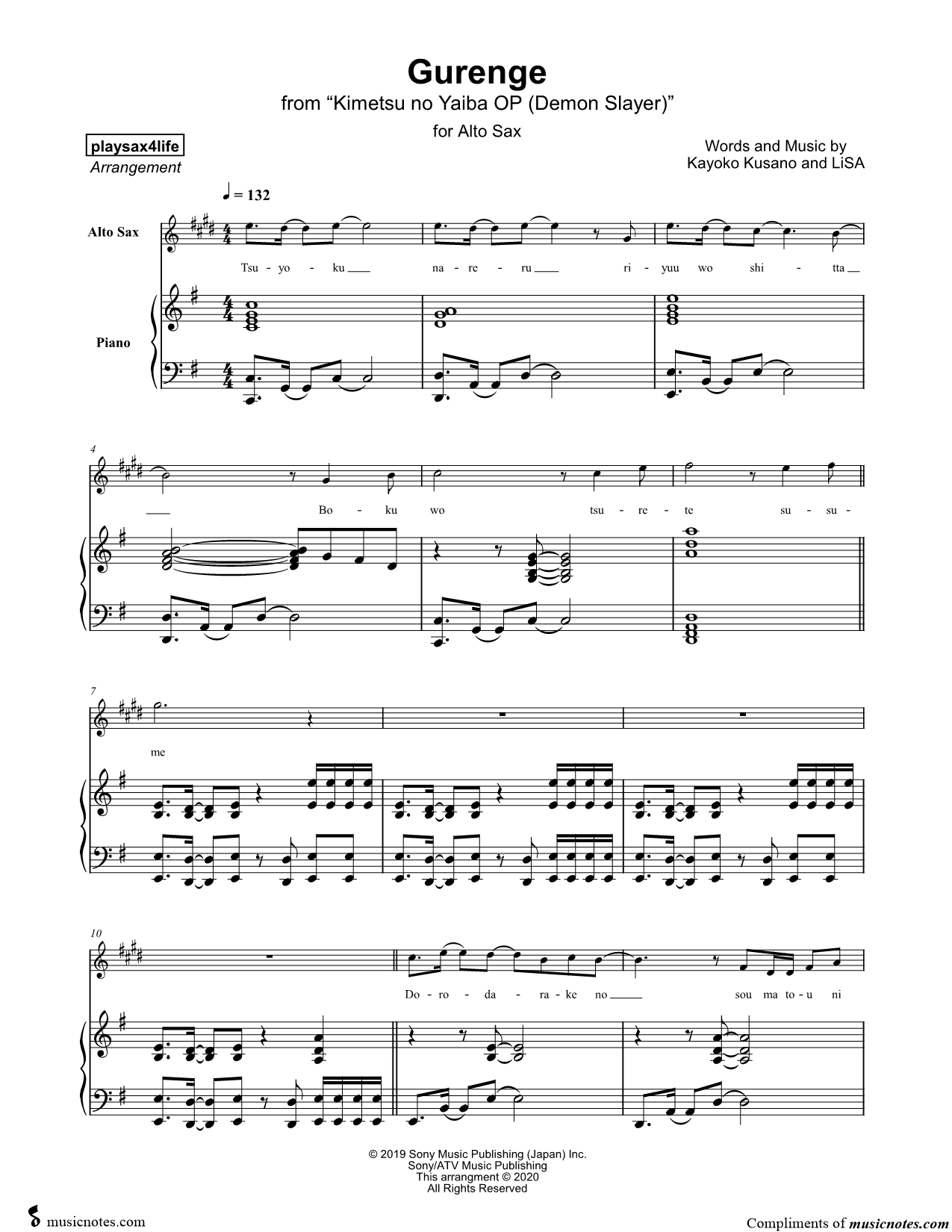 Gurenge - Alto Saxophone & Piano
