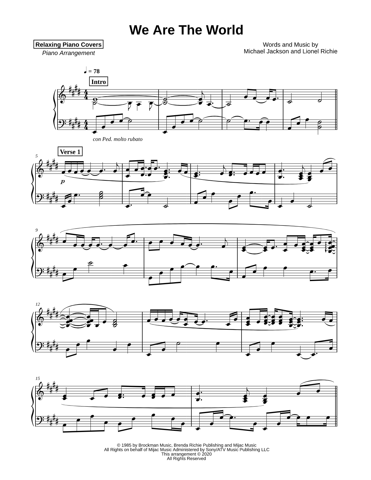 We Are the World Sheet Music — Piano Solo