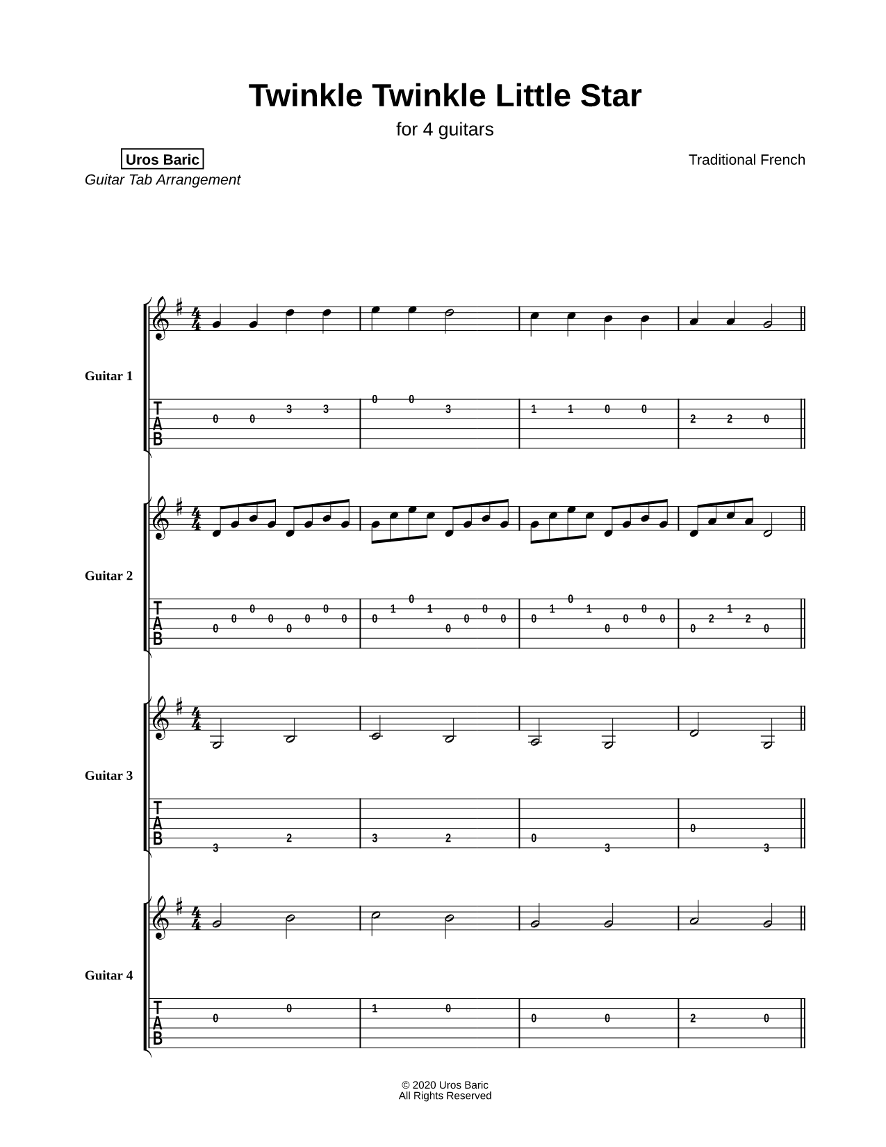 Twinkle Twinkle Little Star - Guitar Quartet