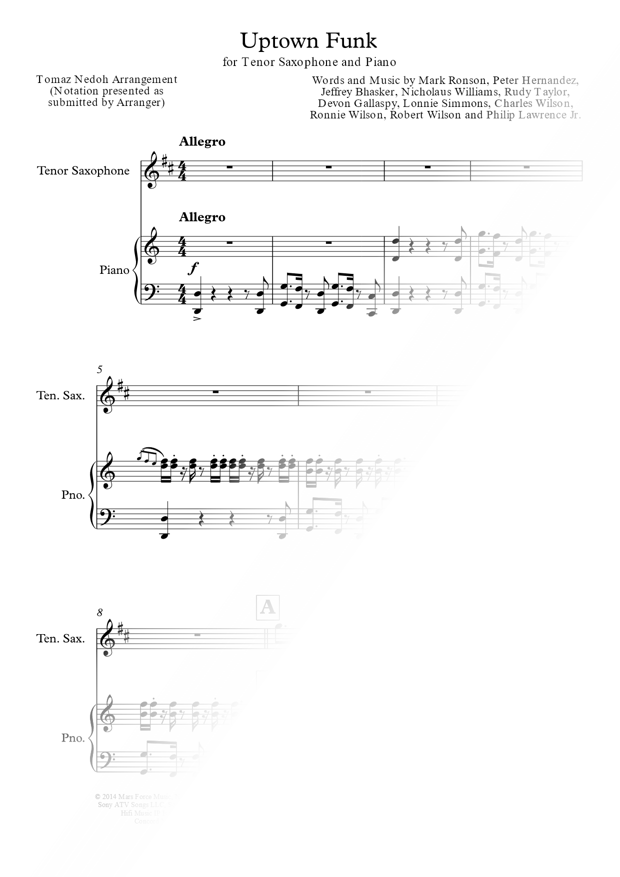 Uptown Funk - Tenor Saxophone & Piano