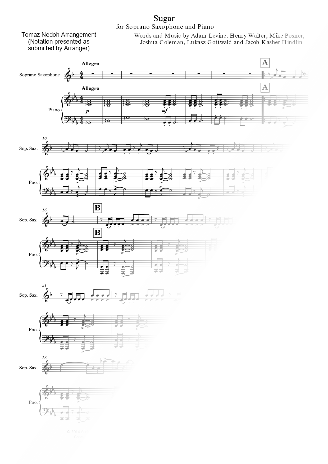 Sugar - Soprano Saxophone & Piano