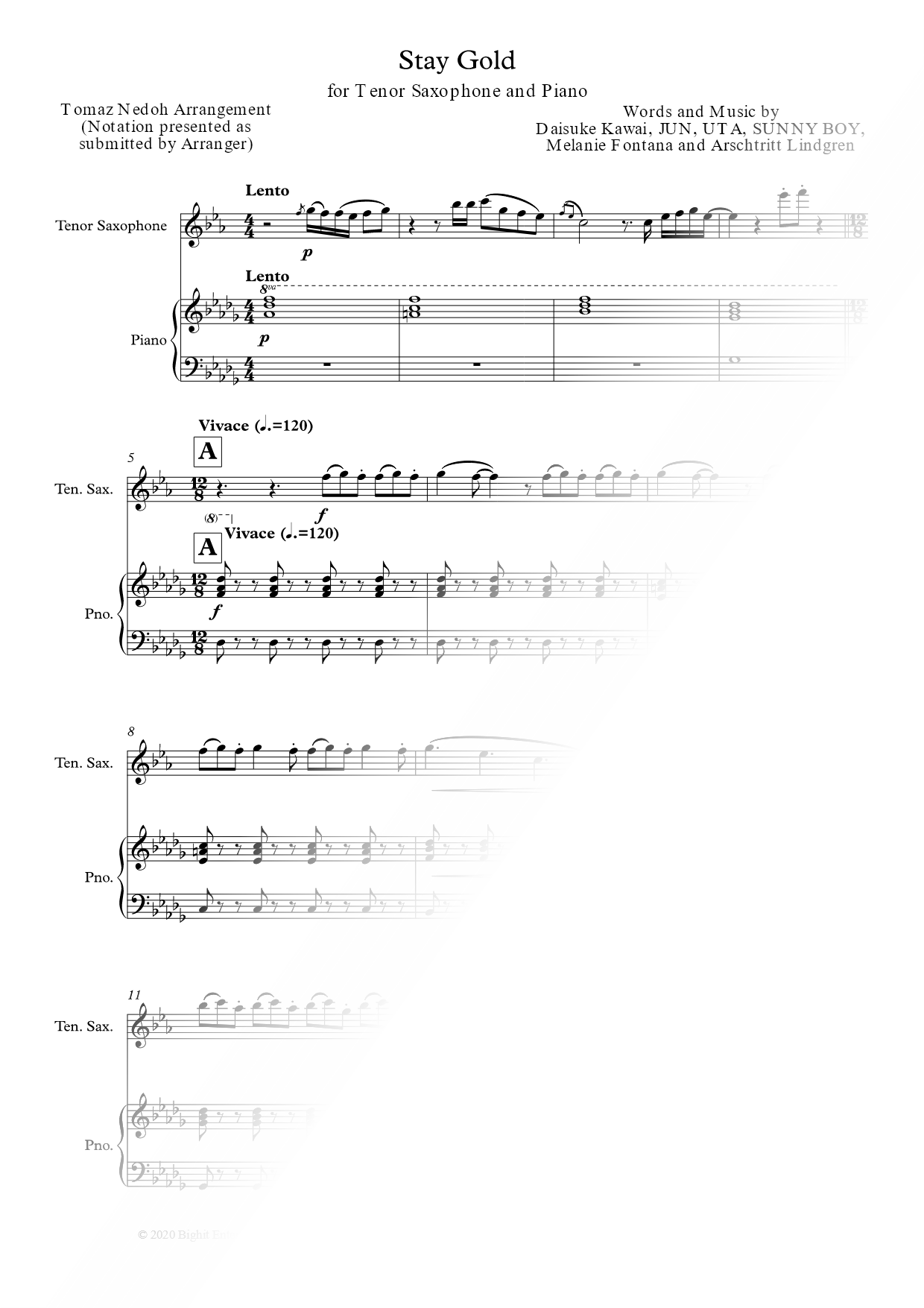Stay Gold - Tenor Saxophone & Piano