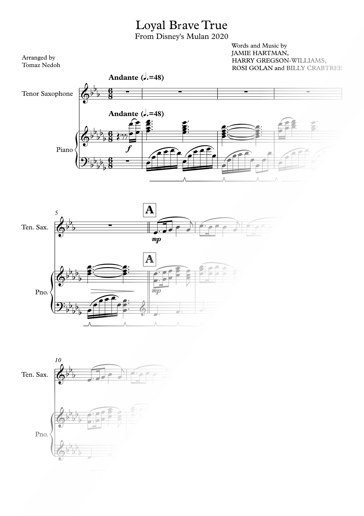 Loyal Brave True - Tenor Saxophone & Piano