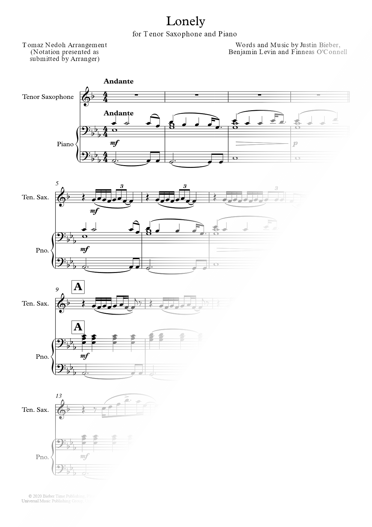 Lonely - Tenor Saxophone & Piano
