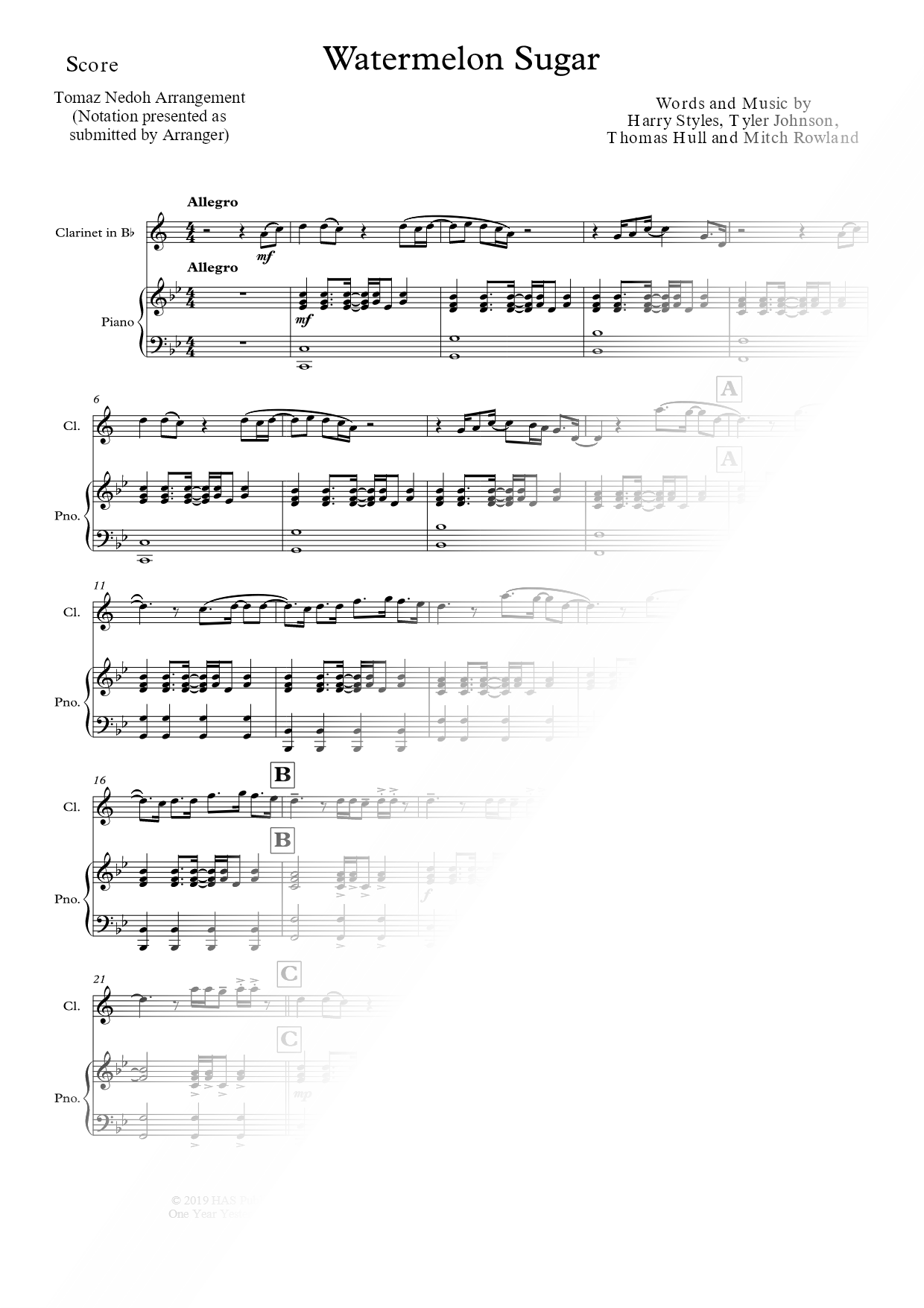 Watermelon Sugar - Clarinet & Piano