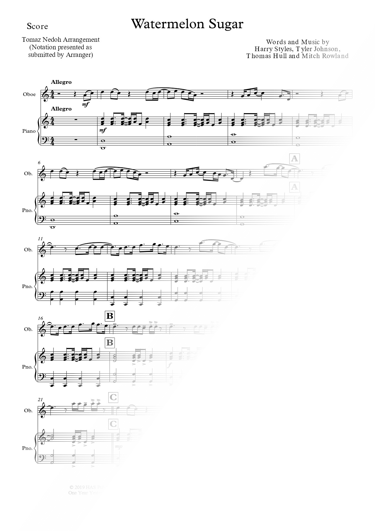 Watermelon Sugar - Oboe & Piano