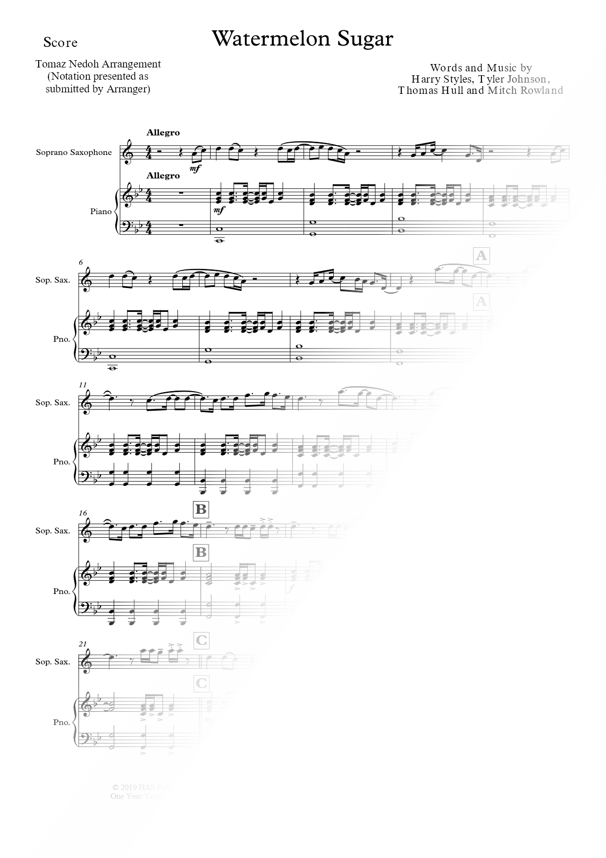 Watermelon Sugar - Soprano Saxophone & Piano