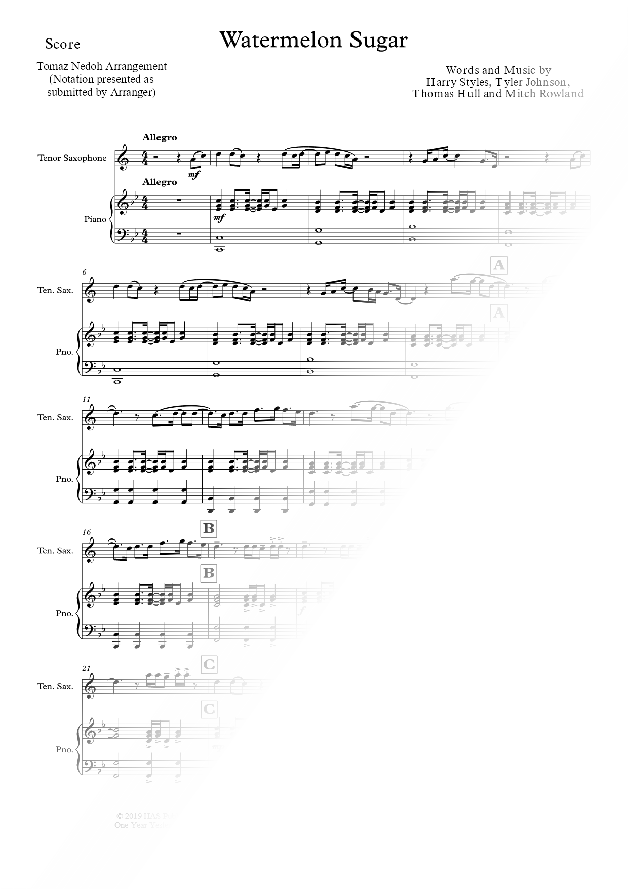 Watermelon Sugar - Tenor Saxophone & Piano