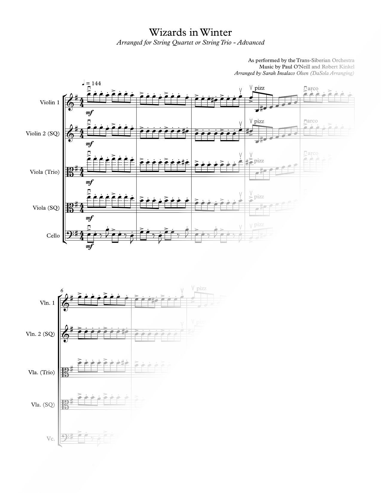 Wizards in Winter - String Quartet or String Trio [advanced]