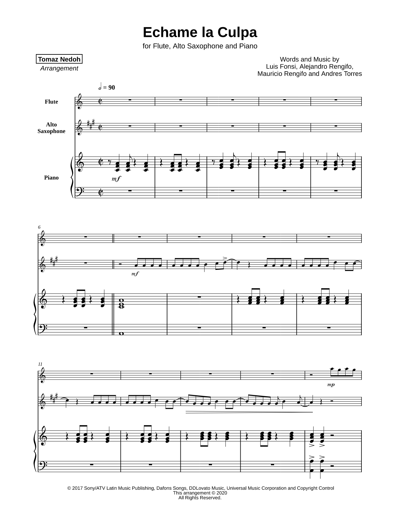 Échame la Culpa - Flute, Alto Saxophone & Piano