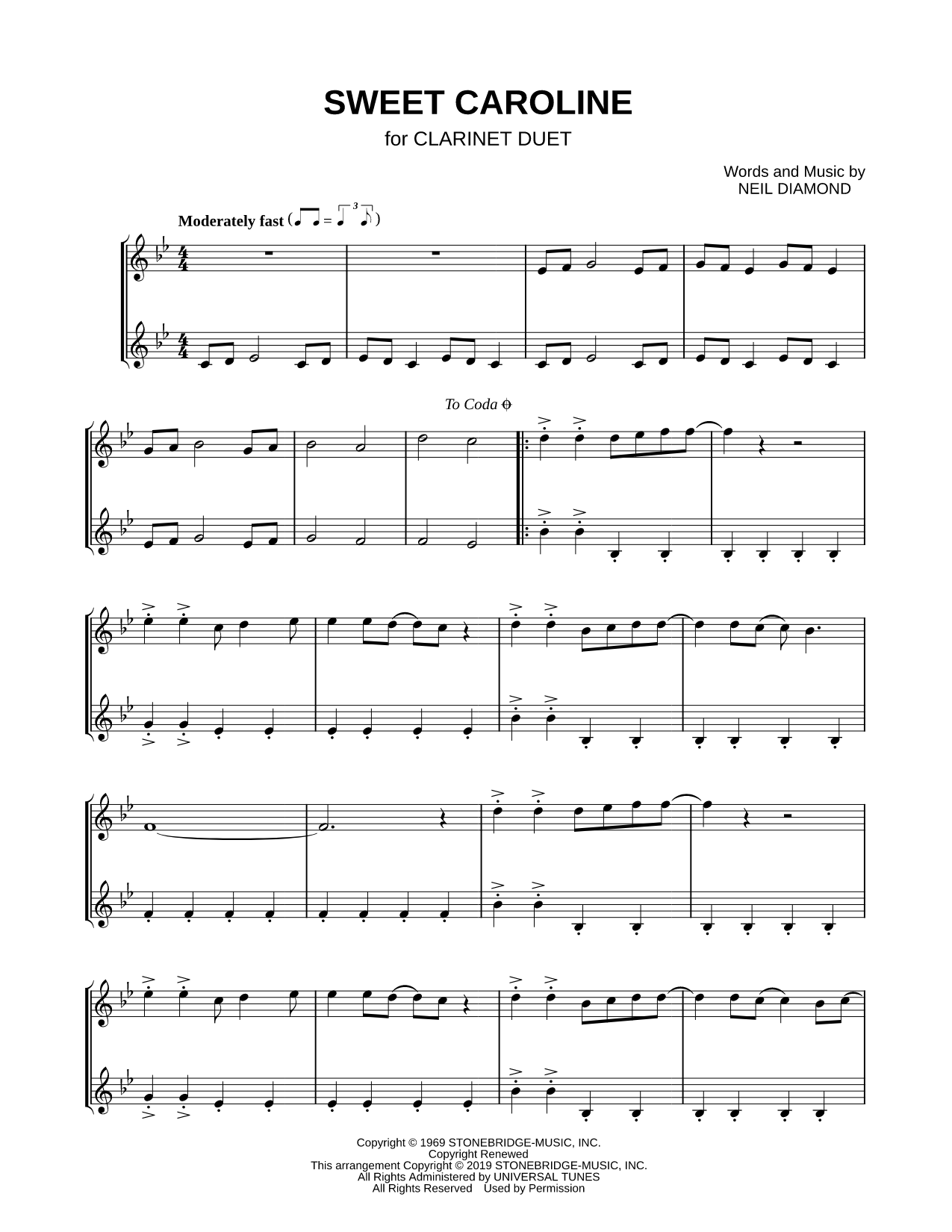 Sweet Caroline - Clarinet Duet