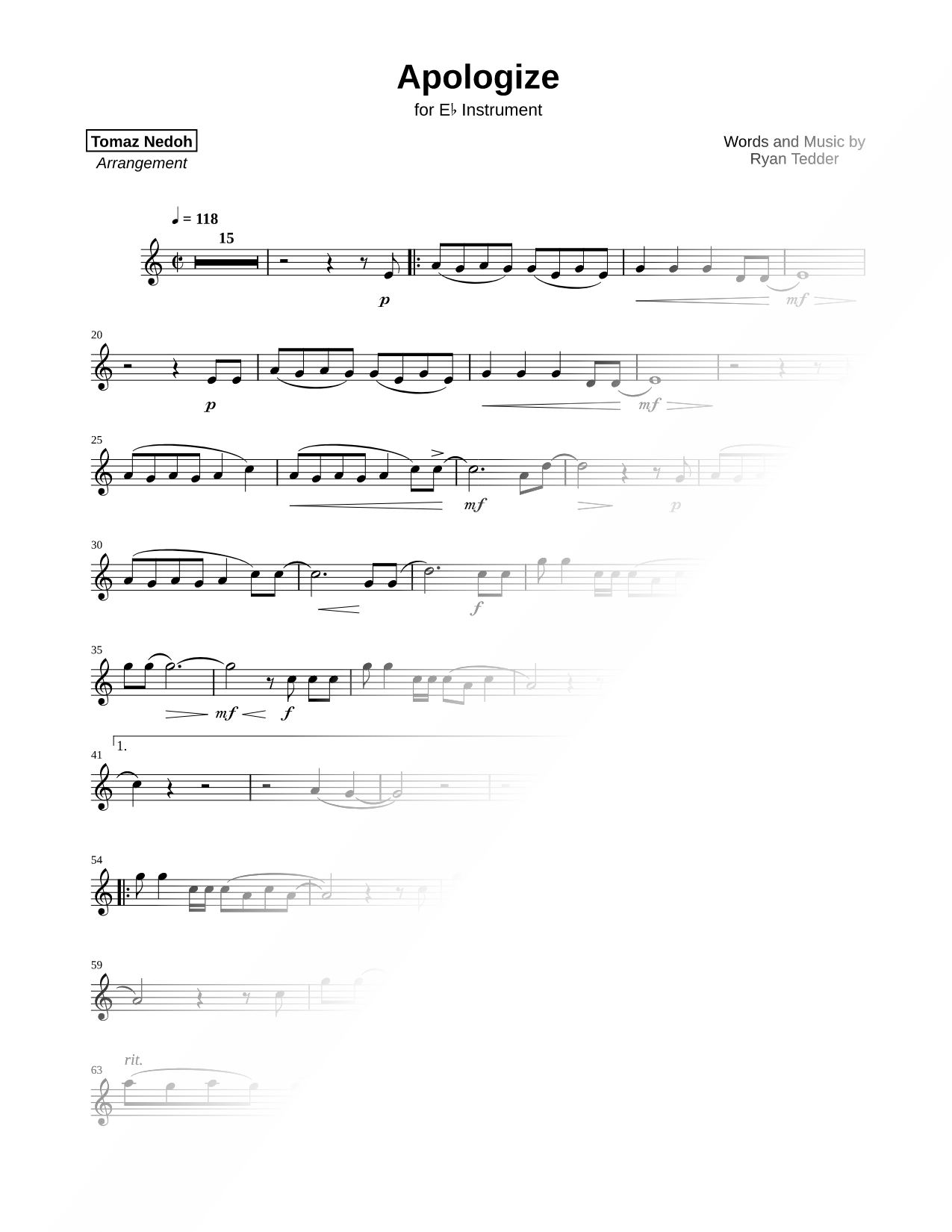 Apologize - Eb Instrument Sheet Music — Instrumental Solo