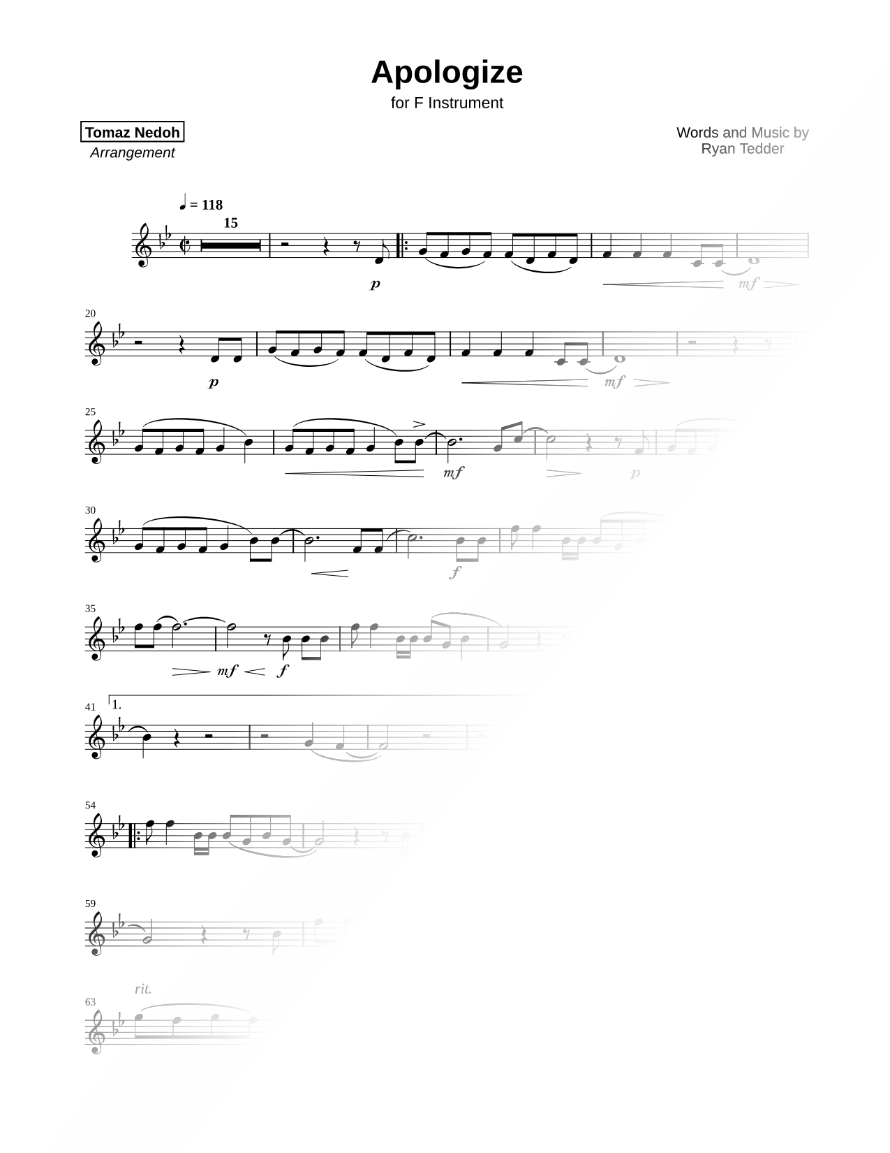 Apologize - F Instrument Sheet Music — Instrumental Solo