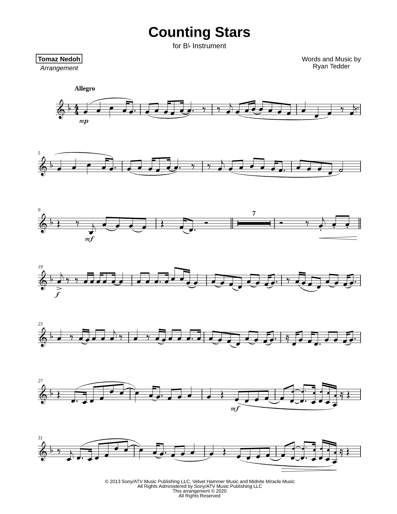 Counting Stars - Bb Instrument