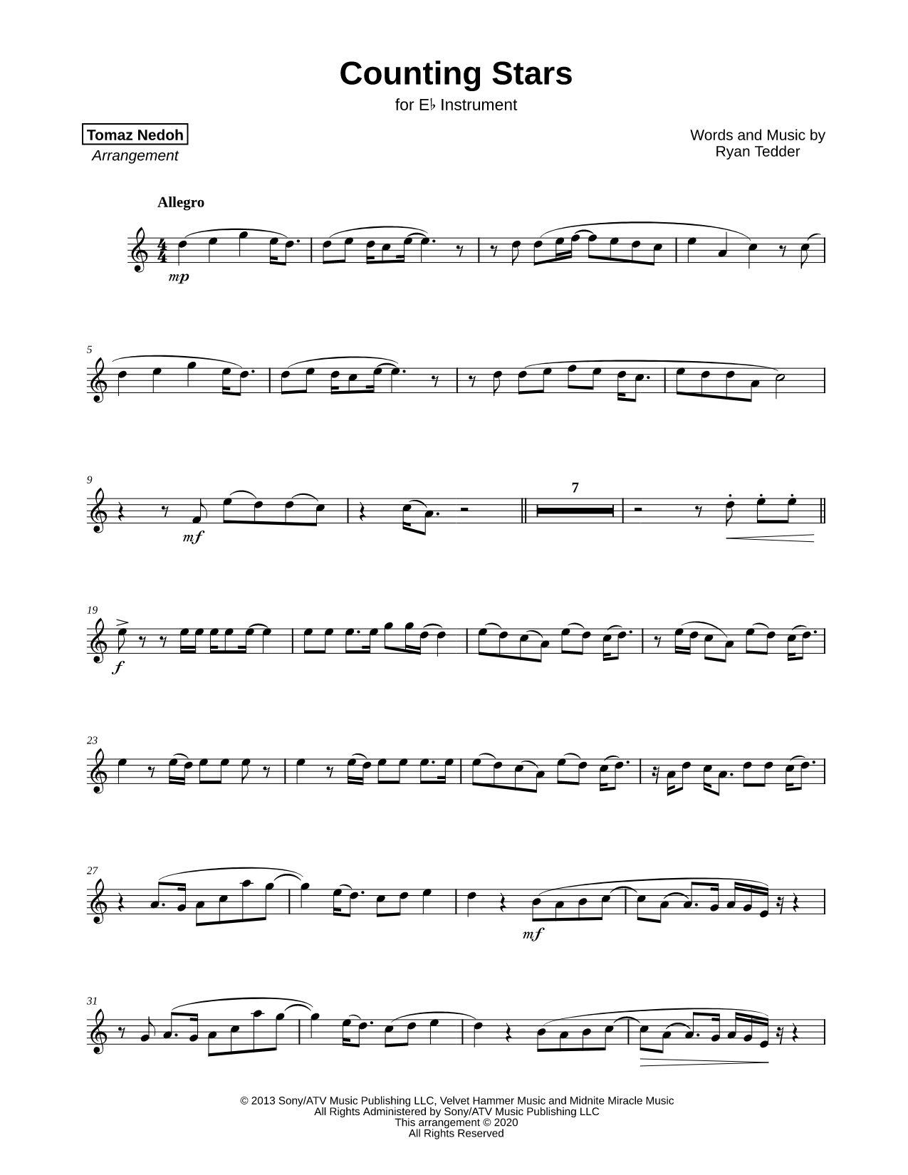 Counting Stars - Eb Instrument