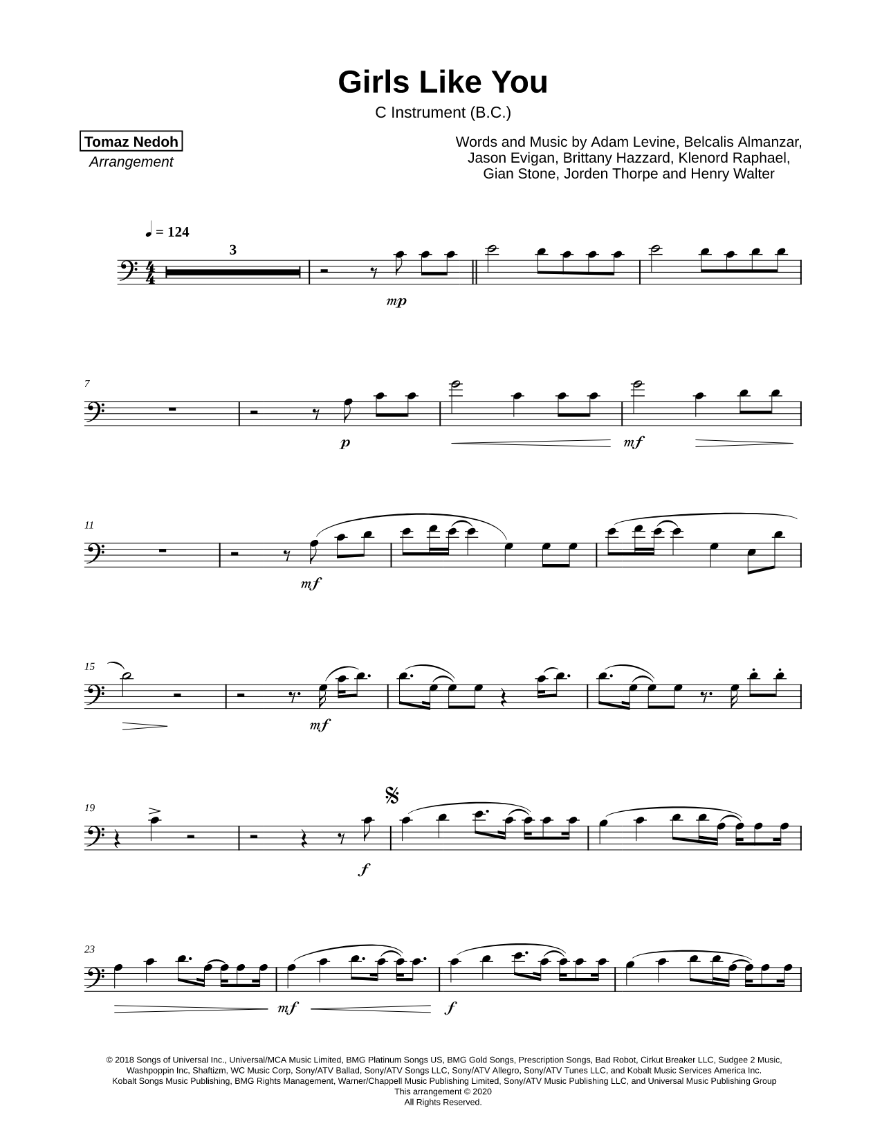 Girls Like You - Bass Clef Instrument