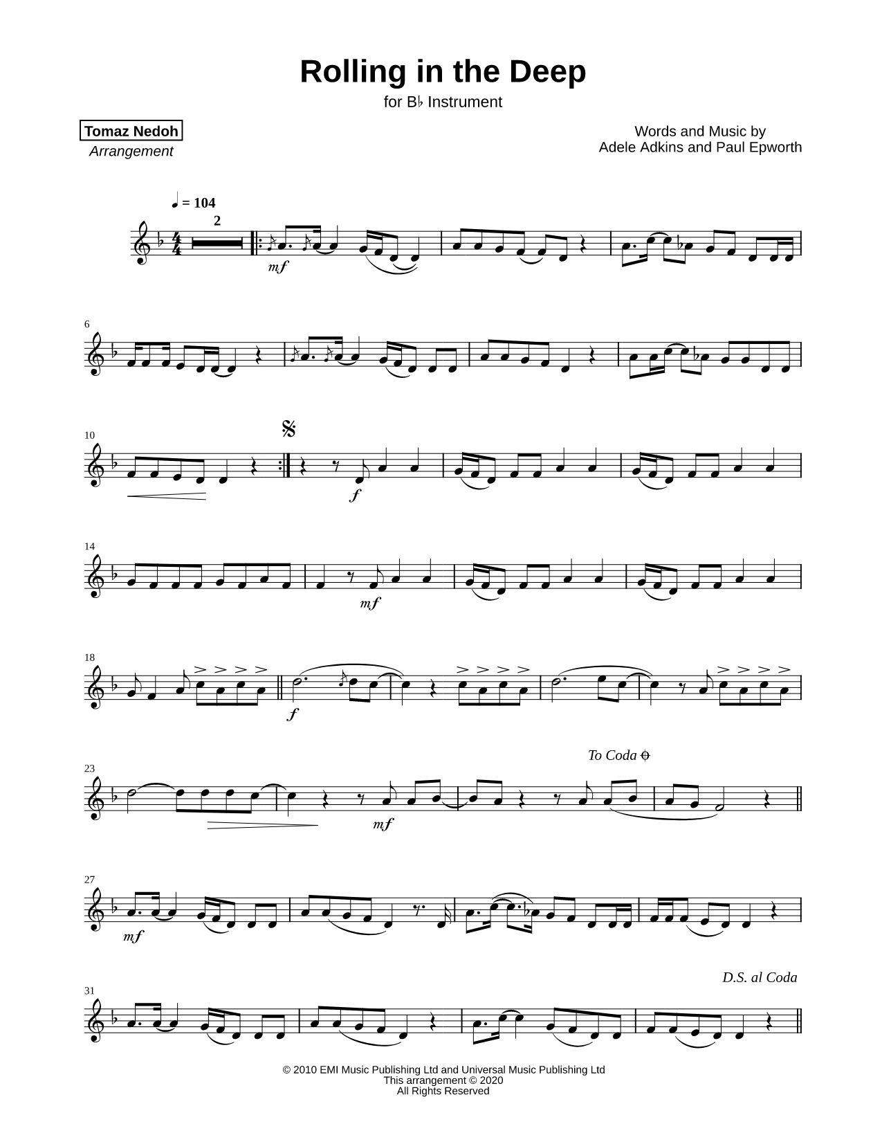 Rolling in the Deep - Bb Instrument