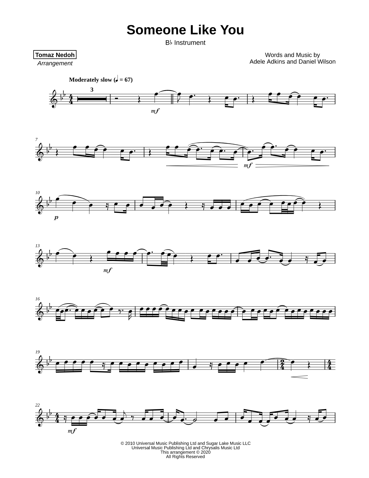 Someone Like You - Bb Instrument