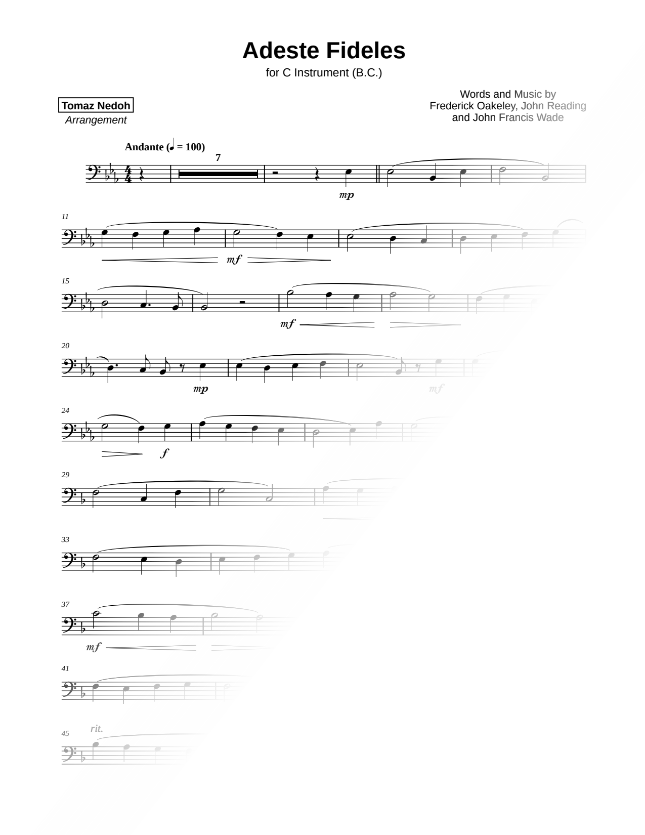 O Come, All Ye Faithful - Bass Clef Instrument