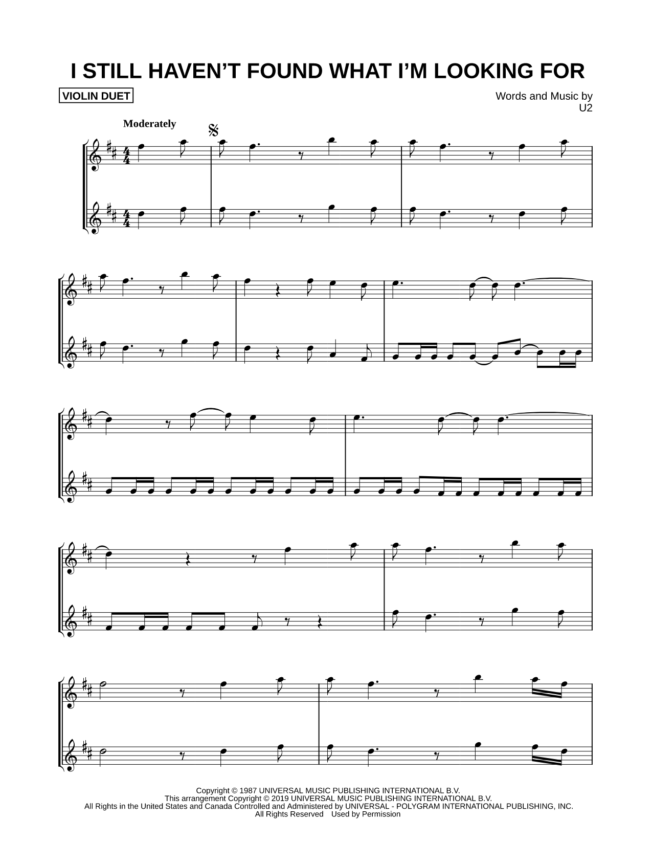 I Still Haven't Found What I'm Looking For - Violin Duet