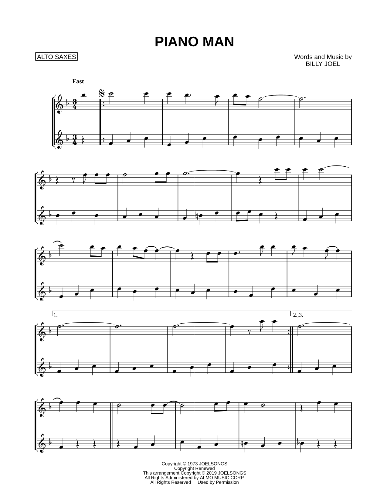Piano Man - Alto Saxophone Duet