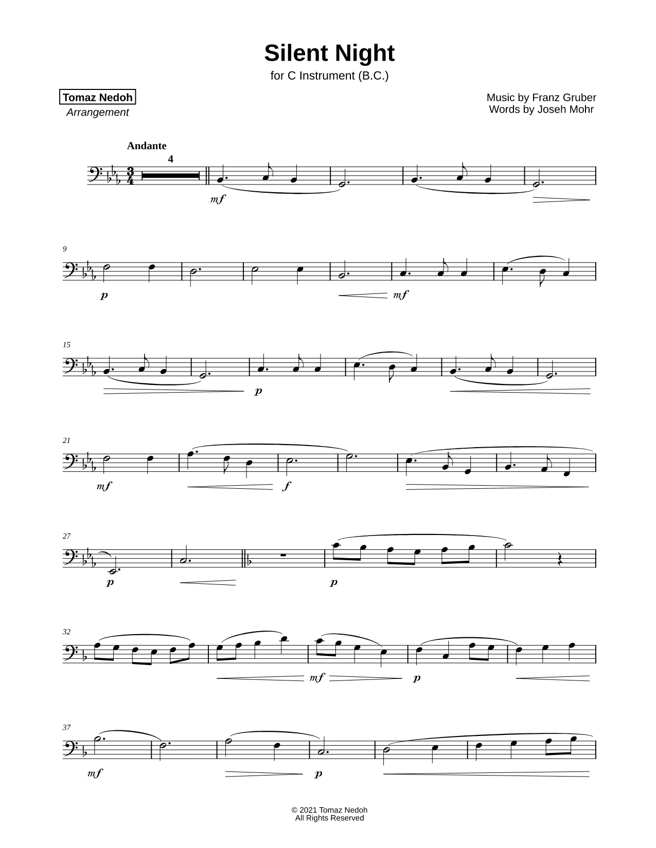 Silent Night - Bass Clef Instrument