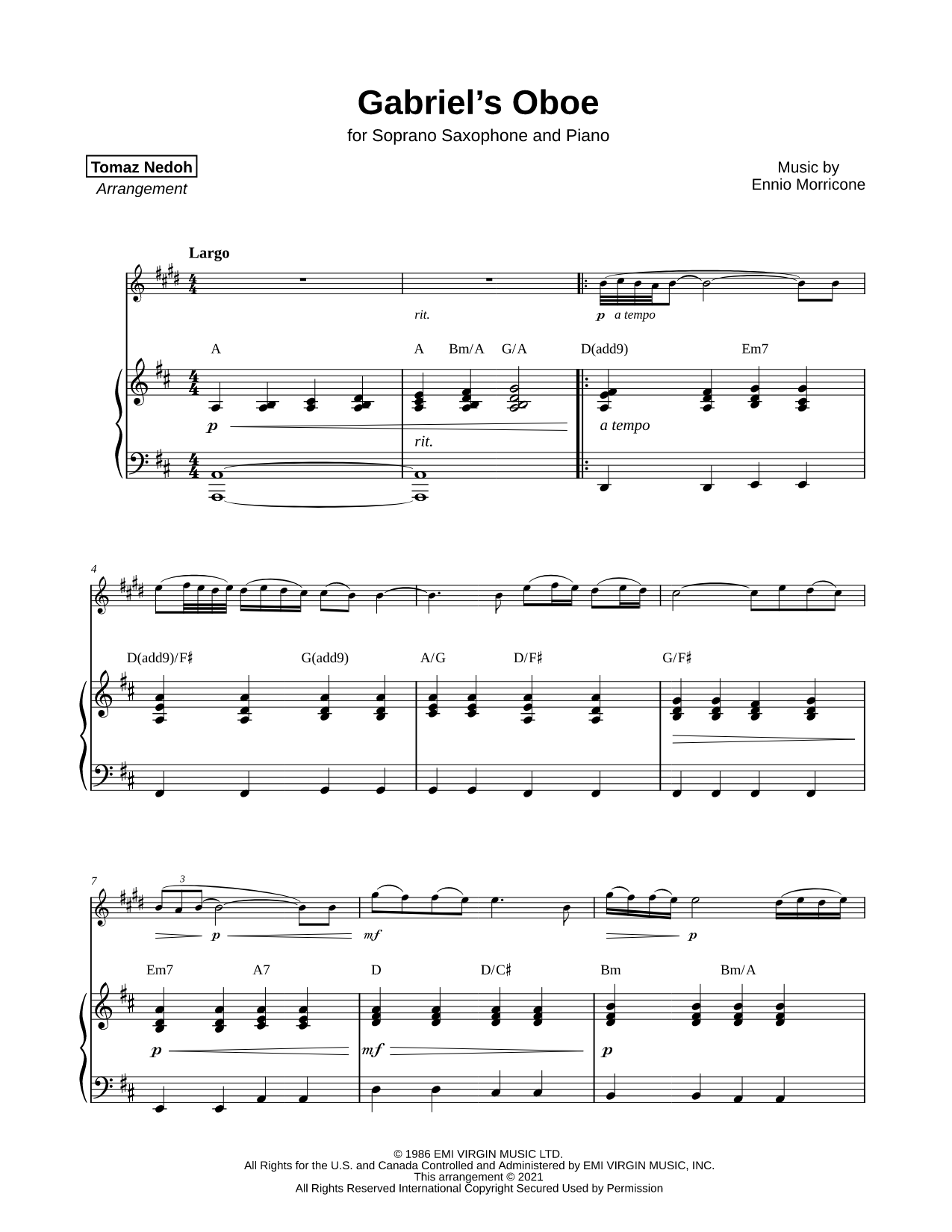 Gabriel's Oboe - Soprano Saxophone & Piano