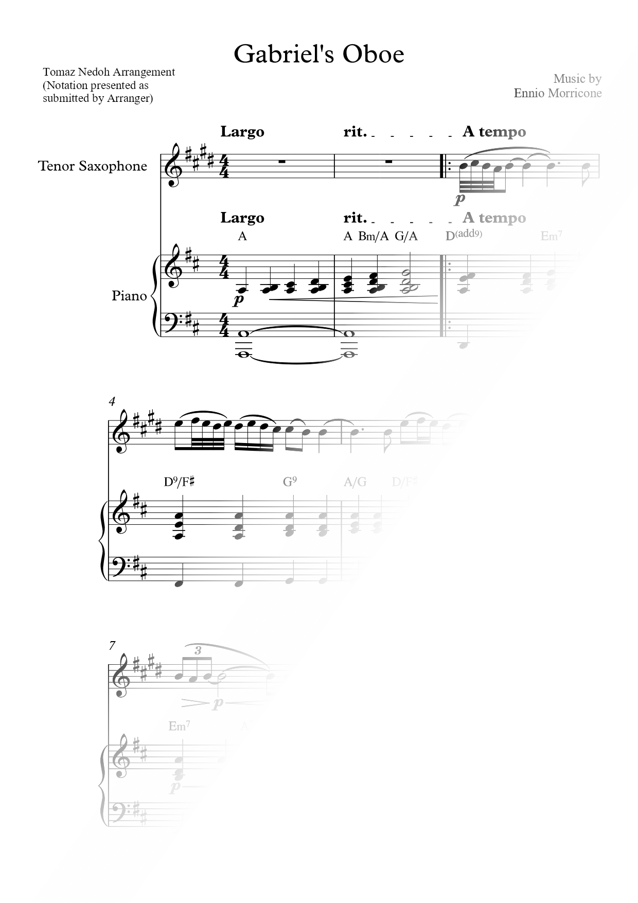 Gabriel's Oboe - Tenor Saxophone & Piano