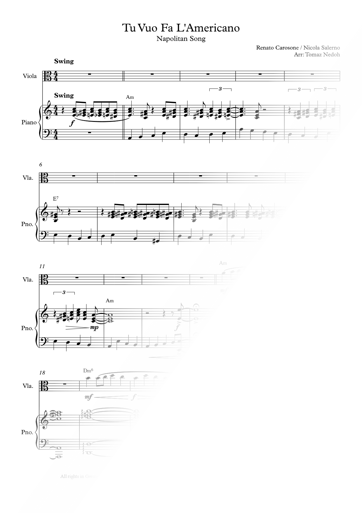 Tu Vuo' Fa' L'Americano - Viola & Piano