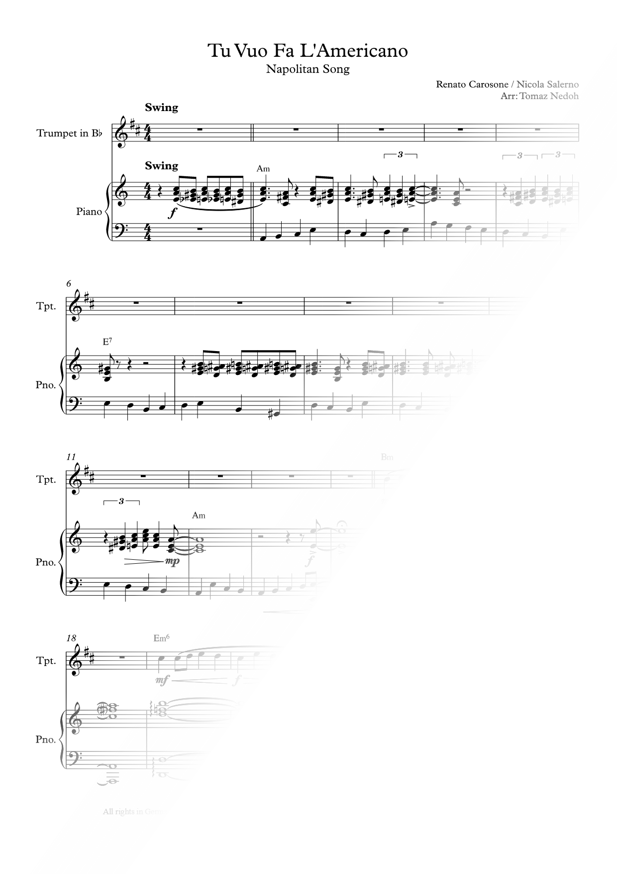 Tu Vuo' Fa' L'Americano - Trumpet & Piano