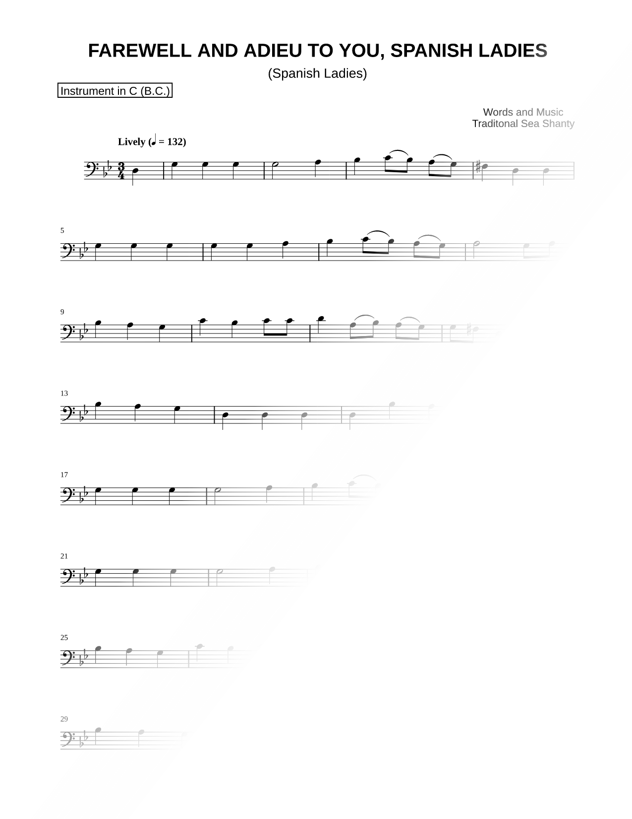 Spanish Ladies - Bass Clef Instrument