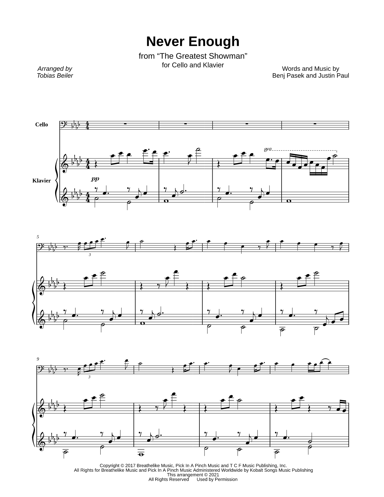 Never Enough - Cello &amp; Piano Sheet Music — Instrumental Parts