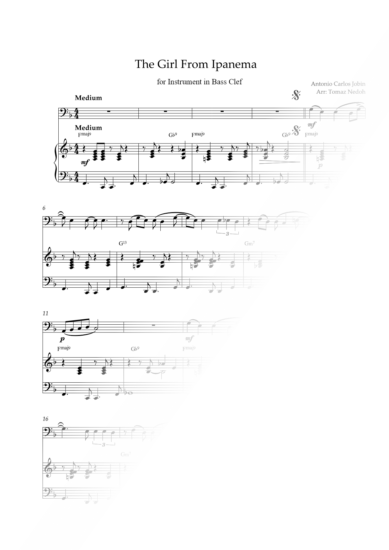 The Girl from Ipanema - Bass Clef Instrument & Piano
