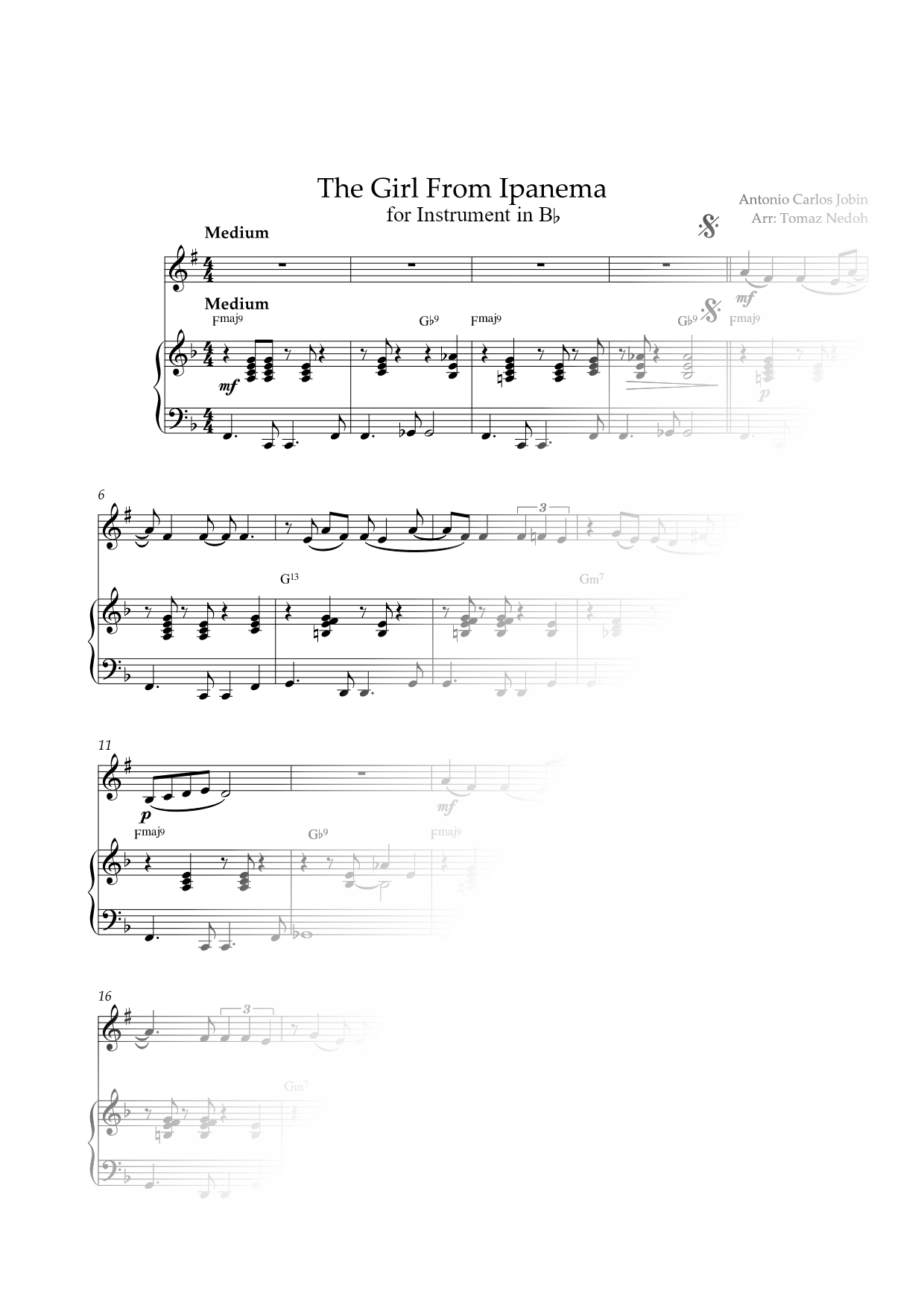 The Girl from Ipanema - Bb Instrument & Piano