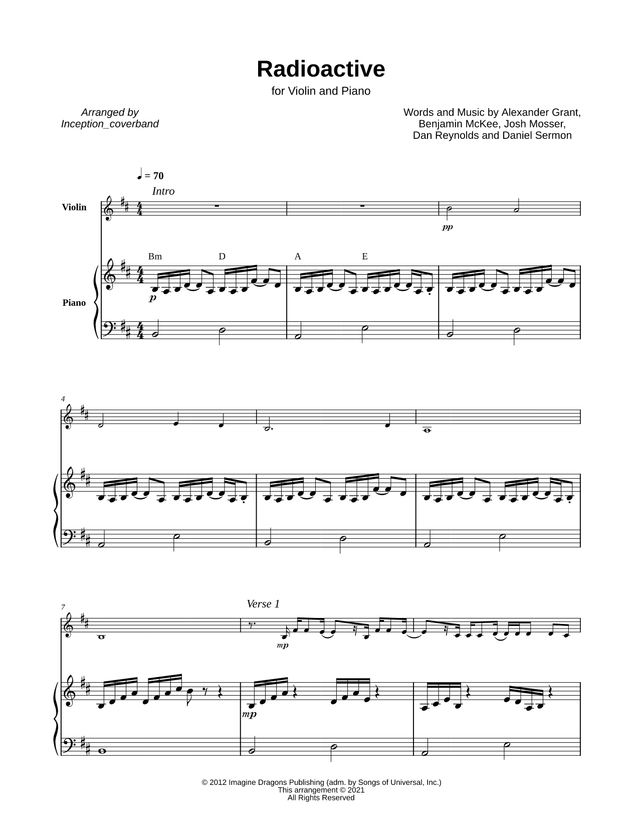 Radioactive - Violin &amp; Piano Sheet Music — Solo &amp; Accompaniment