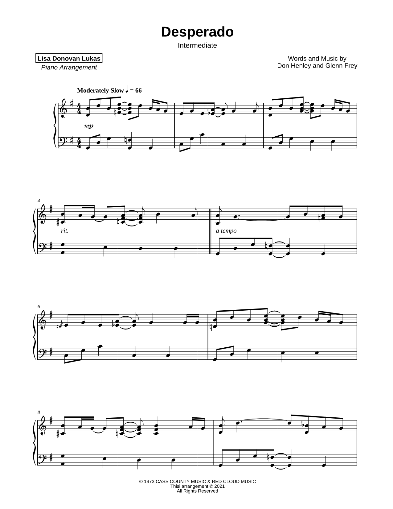 Desperado [intermediate] Sheet Music — Piano Solo