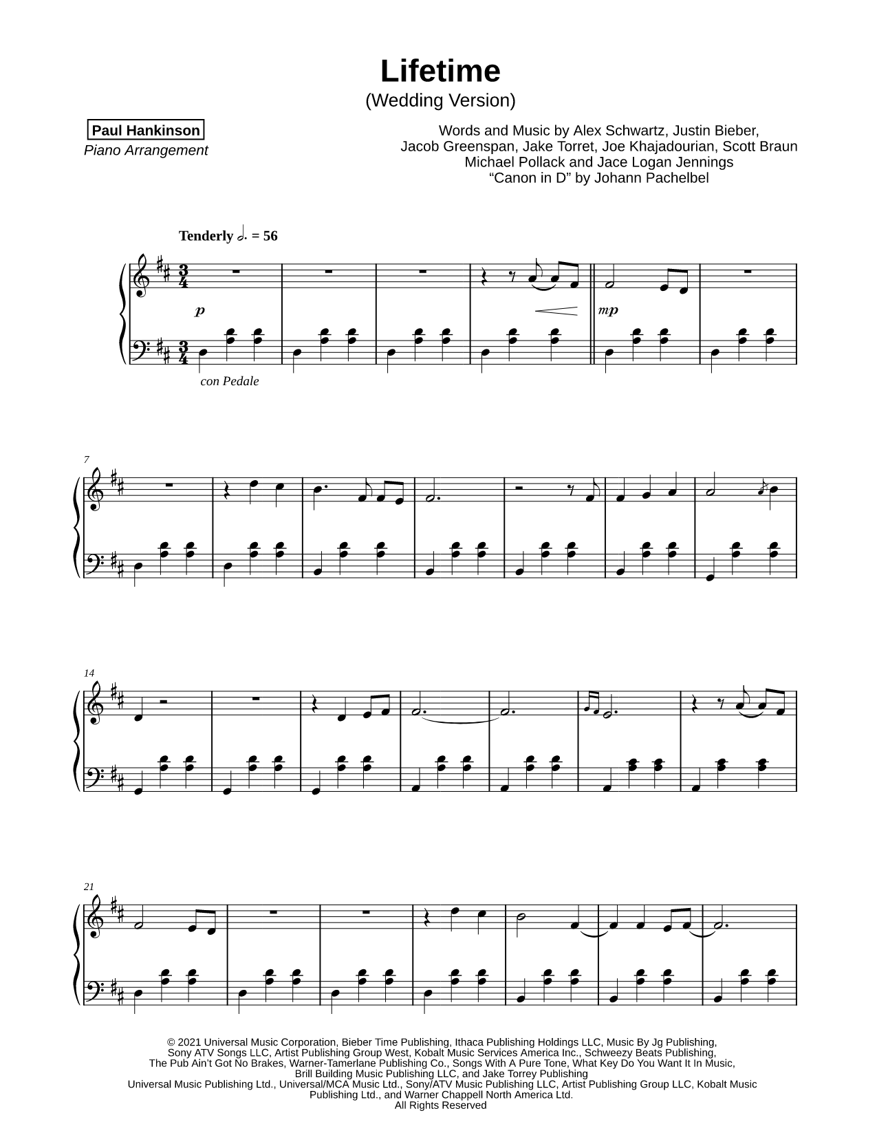 Lifetime (Wedding Version) Sheet Music — Piano Solo
