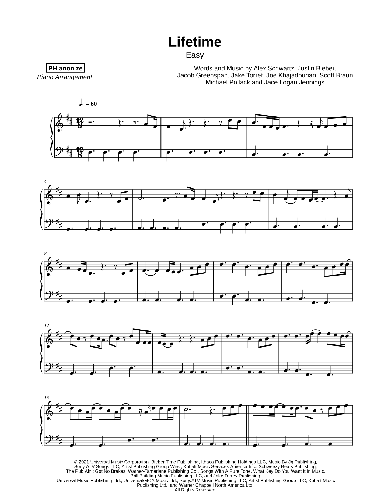 Lifetime [easy] Sheet Music — Piano Solo