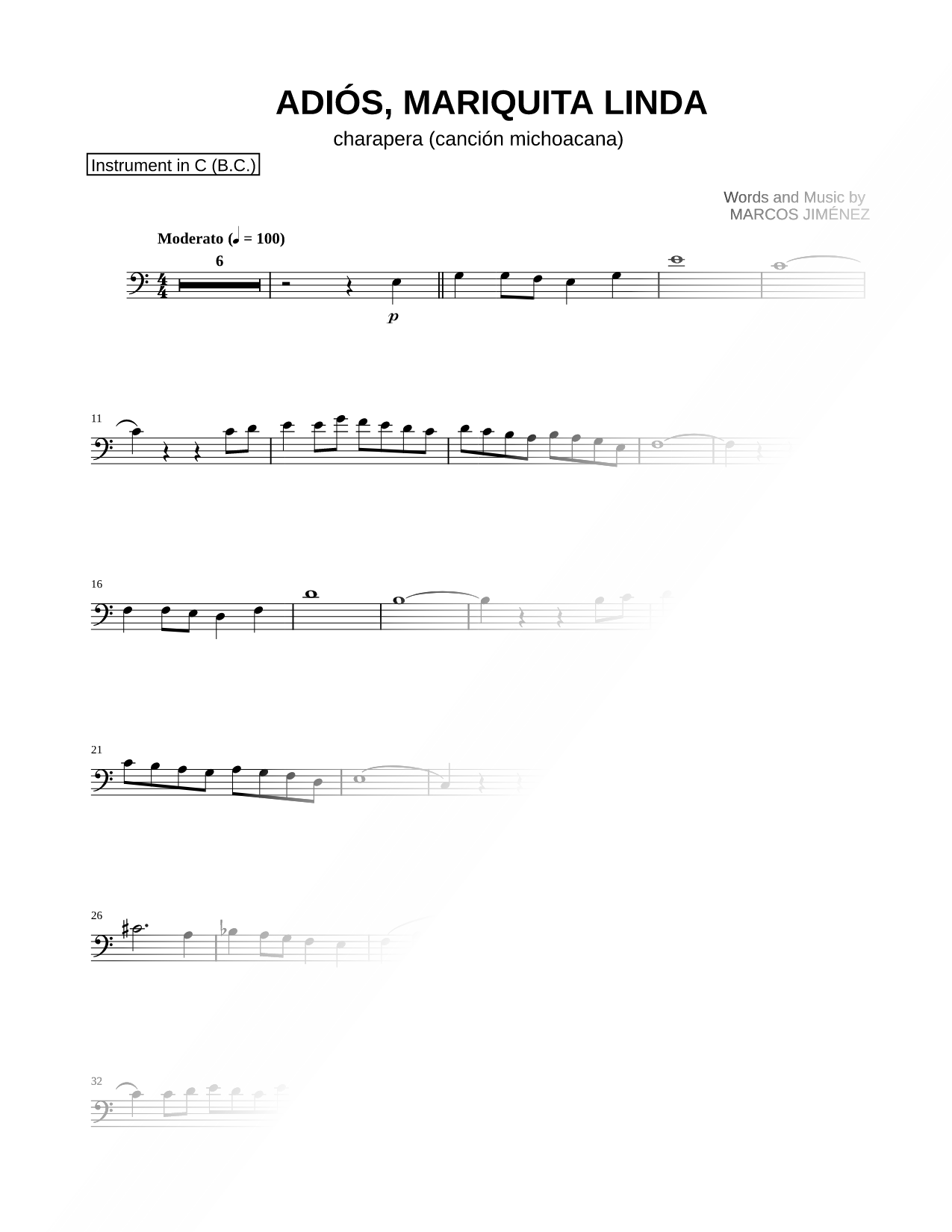 Adios, Mariquita Linda - Bass Clef Instrument