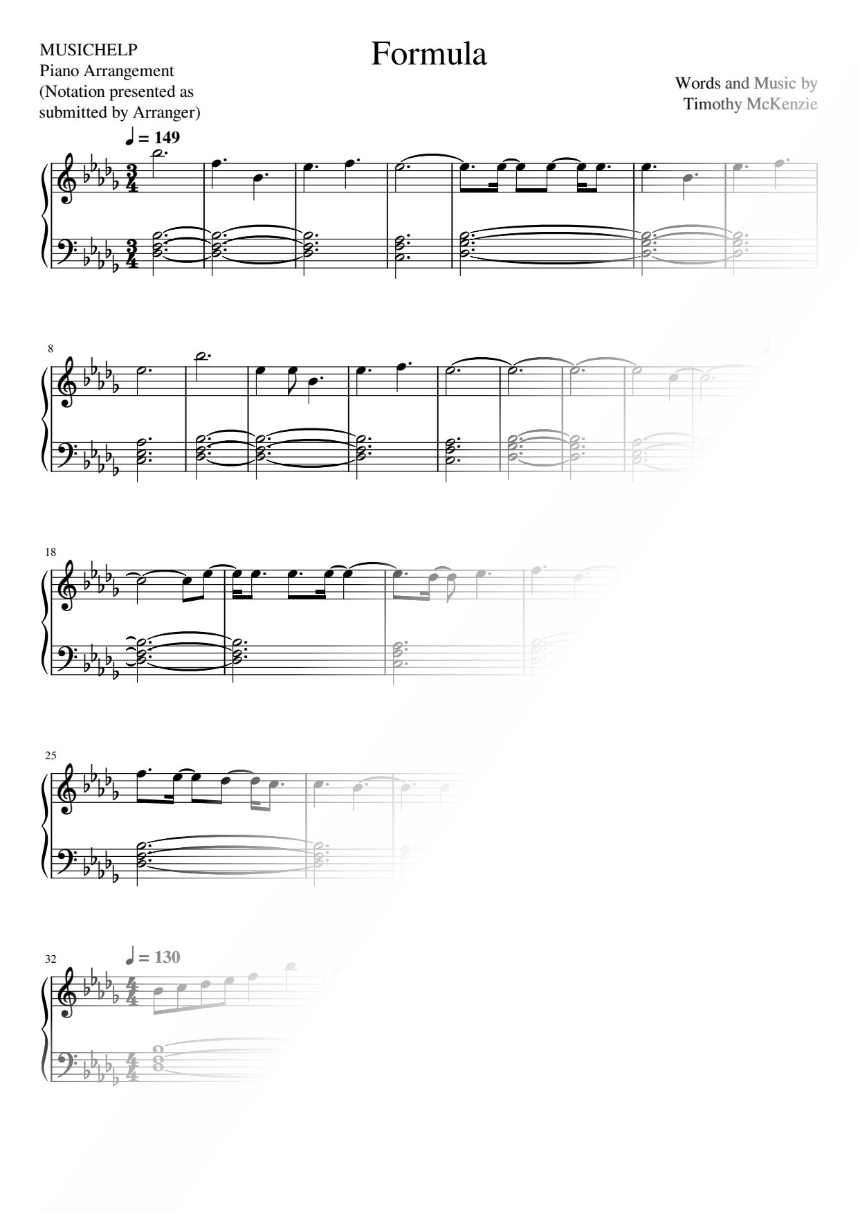 Formula Sheet Music — Piano Solo