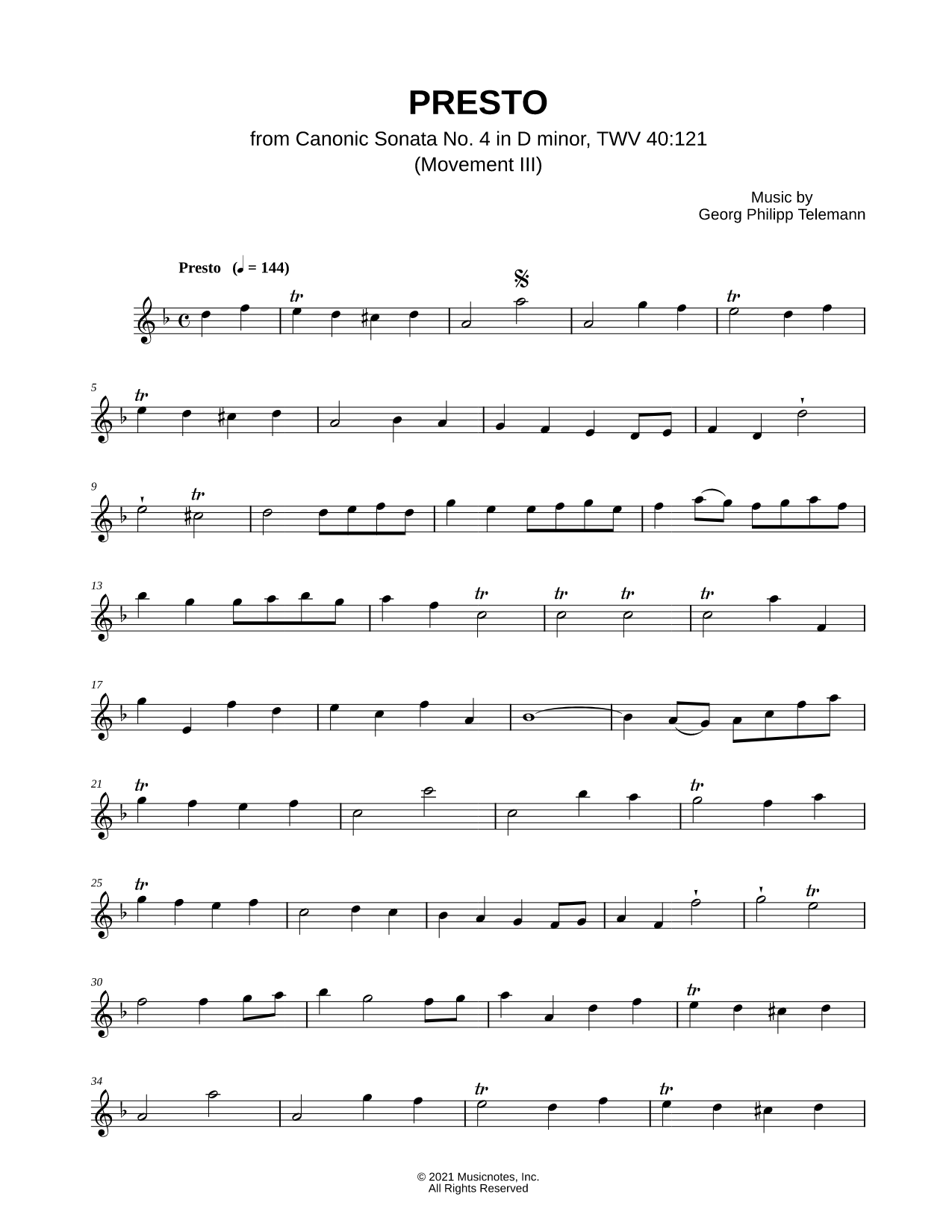 Canonic Sonata No. 4, TWV 40: 121: III. Presto